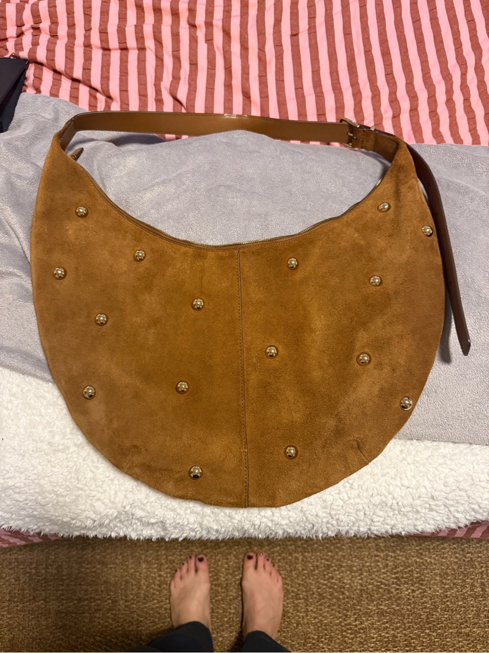 Madewell Suede Curve Bag Studded Crescent Shoulder Bag - Tan